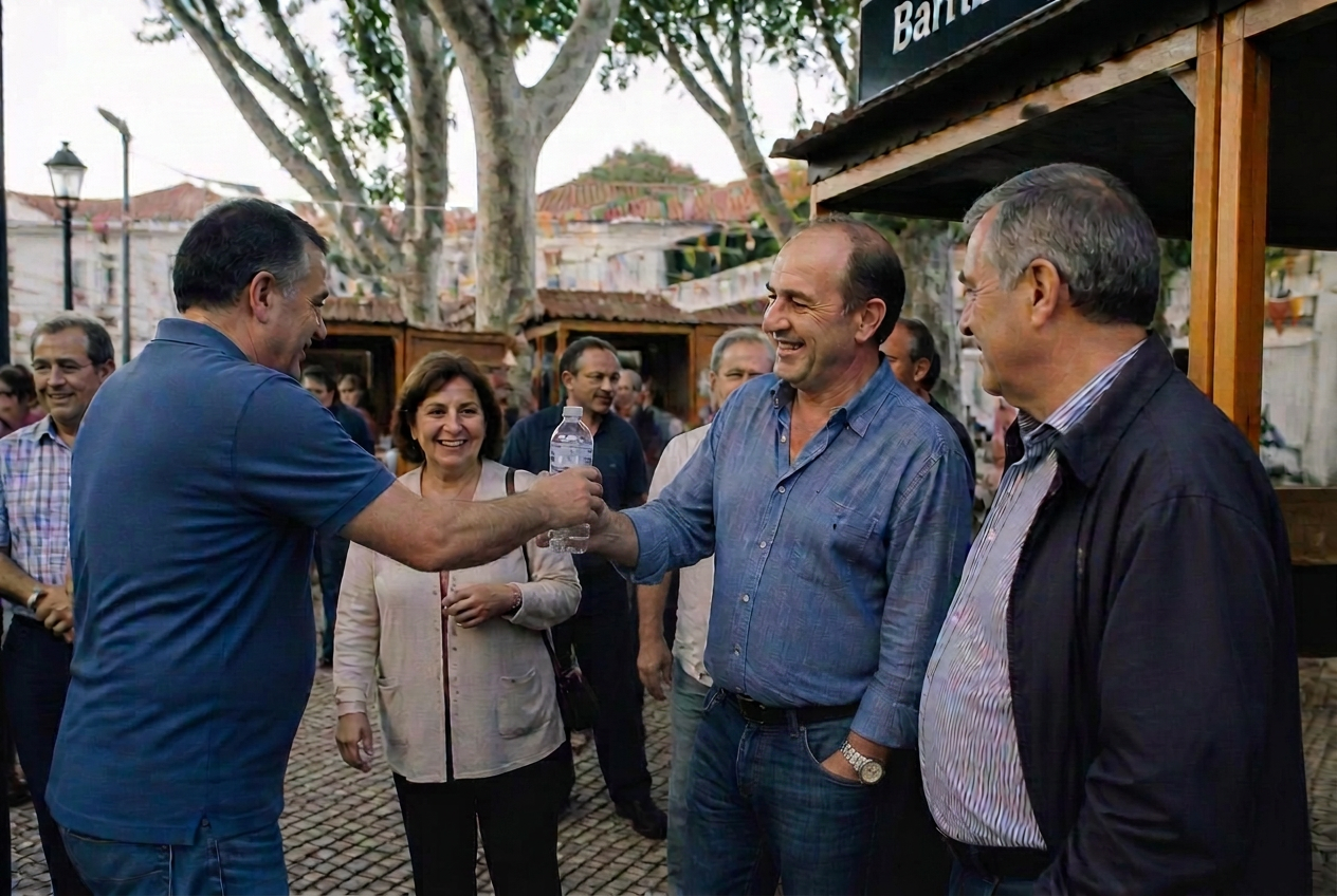 People sharing bottles of water at an outdoor event in Portugal